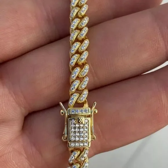 New Iced Out Miami Cuban Chain Solid 925 Gold 22” - Picture 7 of 8